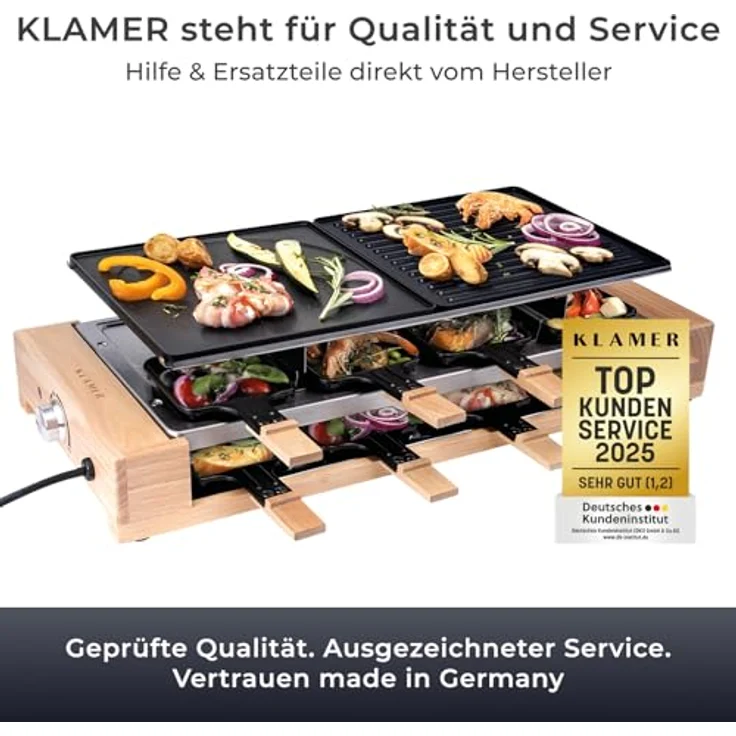 KLAMER Raclette 8 Personen, 1500W Raclette Grill mit Holzgestell, Raclette mit antihaftbeschichteter Grillplatte, 1500 – Bild 3