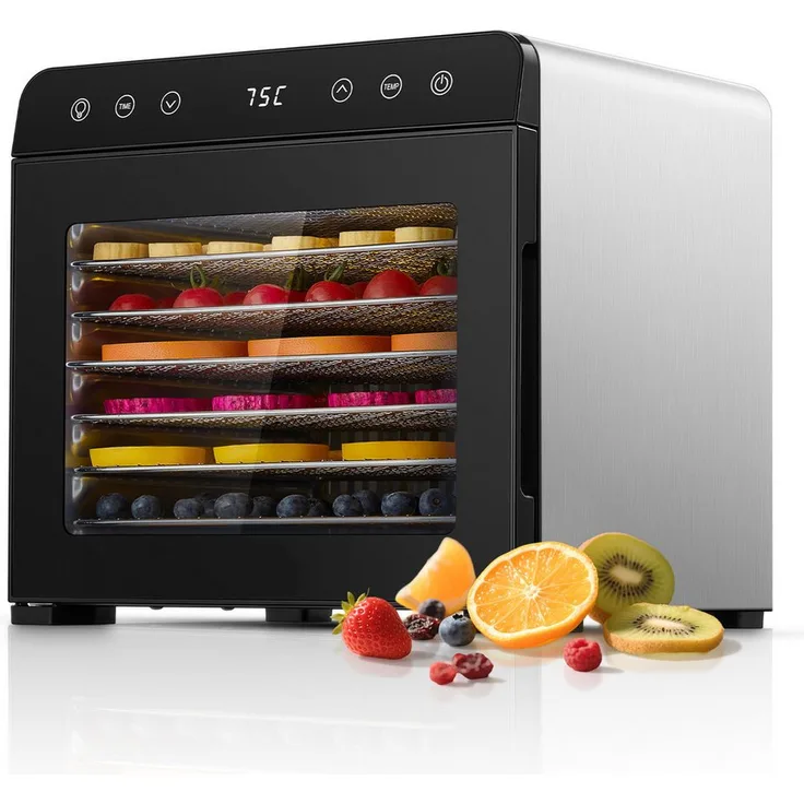 FOHERE Dörrautomat Edelstahl, Lebensmittel-Trockner mit 8 Einlegefächern, Temperaturregler 35-75°C, 650 W, geräuscharm, inkl. Zubehör