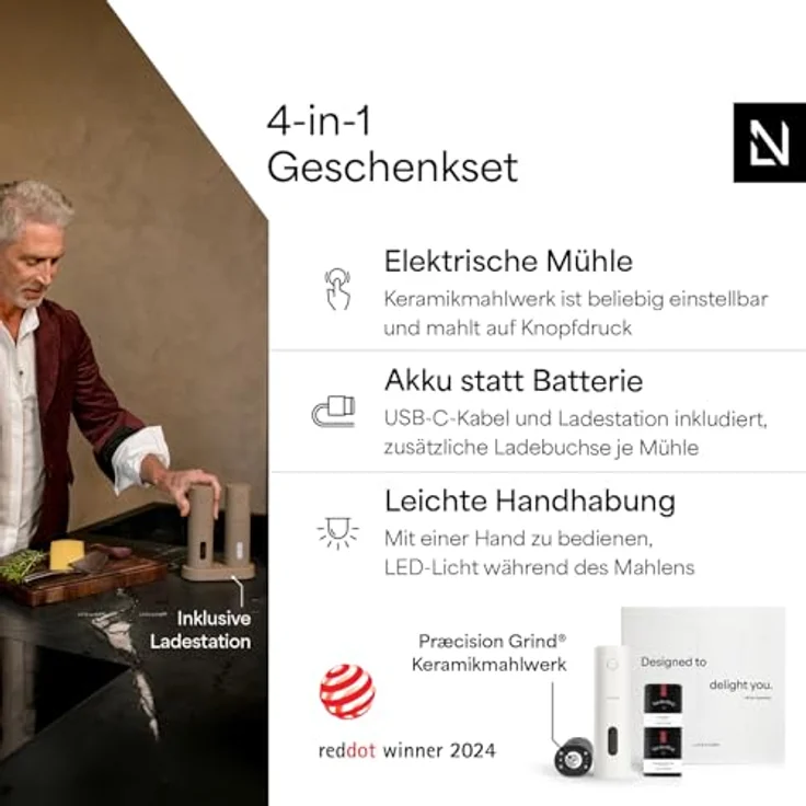 LARS NYSØM Elektrische Gewürzmühlen Set "Spænding" mit 2 Gewürzdosen (Salz & Pfeffer), Geschenkbox (Black/White) – Bild 3