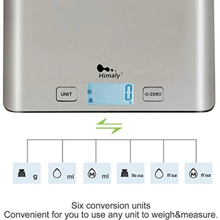 himaly Küchenwaage digital aus Edelstahl Professionelle Waage (5kg Maximalgewicht), Tara-Funktion, aus Edelstahl mit großem LCD-Display für Backen & Kochen – Bild 3