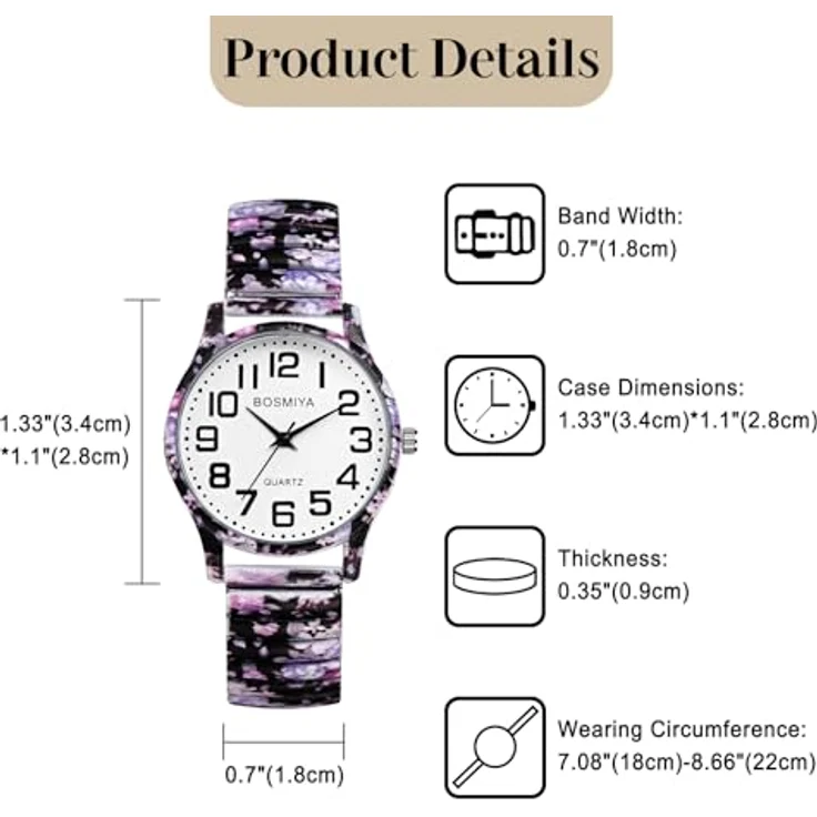 JewelryWe Damenuhr Boho, Violette Blumen Analog Quarz Armbanduhr mit elastischem Edelstahl Stretch-Armband, große Ziffern, lässiger Stil – Bild 5
