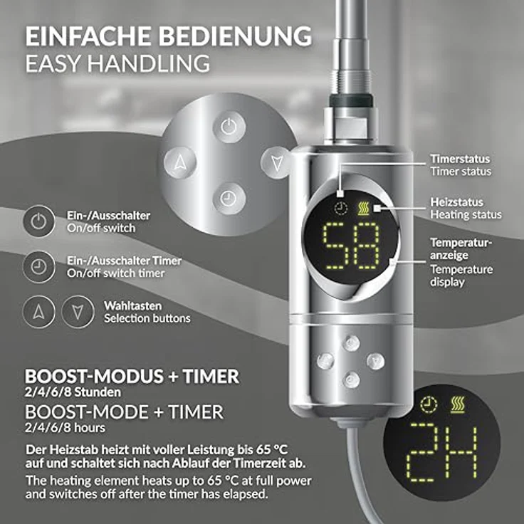 ML-Design Heizstab 900W Chrom, mit Thermostat und LCD-Bildschirm, Timing-Funktion, schnelle Aufheizung – Bild 4