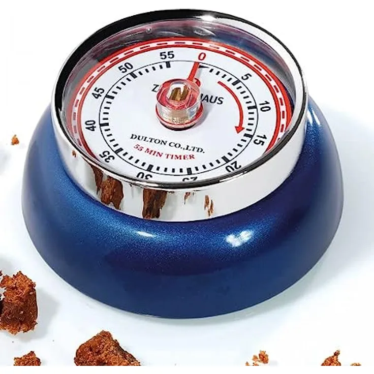 Zassenhaus Küchentimer Speed | Ø 7 cm x 3 cm | blau metallic | ohne Batterien | Edelstahl-Gehäuse | Eieruhr magnetisch | Retro Küchenwecker analog | Küchenuhr | 55 min mechanisch einstellbar
