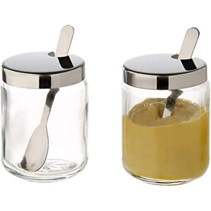 APS Senftöpfchen, 2er Set, Senfgläser, Transparentes Senfglas inkl. Löffel und Edelstahl-Deckel, 4,8 x 4,8 cm, 6,3 cm Höhe