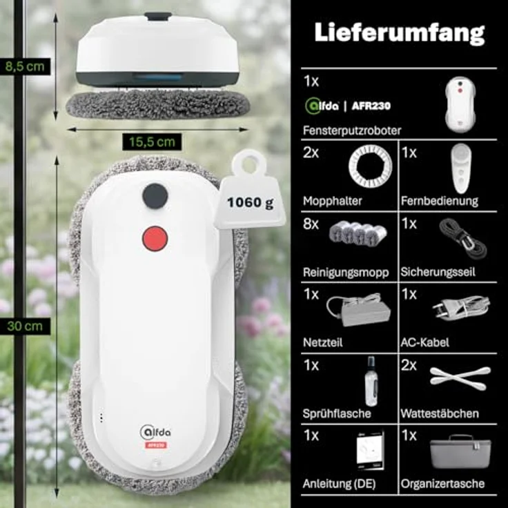alfda Fensterputzroboter AFR230, 60ml Wassertank mit Sprühfunktion, automatische Saugkraftregulierung, 3200 Pa Saugleistung, inklusive Fernbedienung und Sicherheitsseil – Bild 9