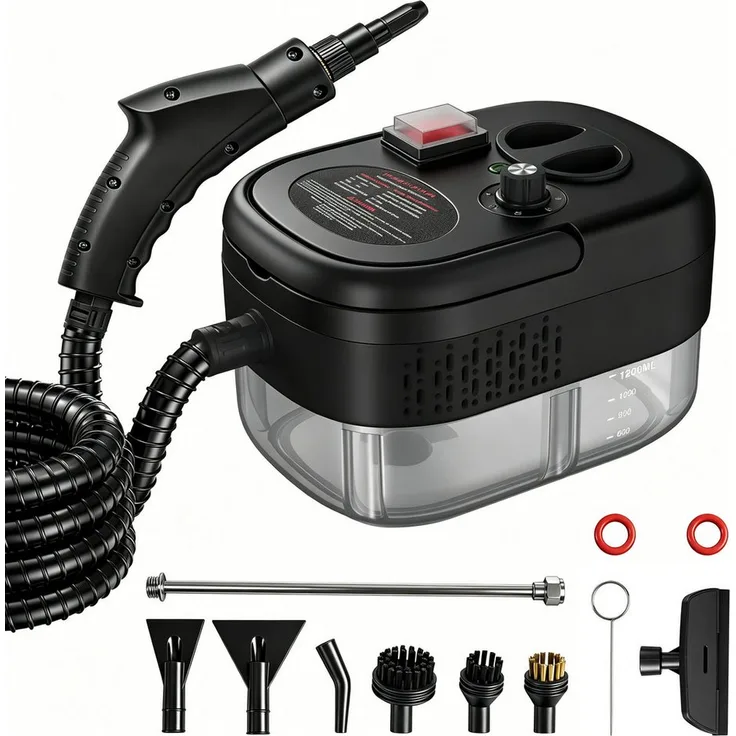 Luckice Dampfreiniger 2500-W Serie, tragbarer Handdampfreiniger mit 1500 W, 1200 ml Wassertank, für Böden und Fenster, 6-Gang-Einstellung, Schwarz