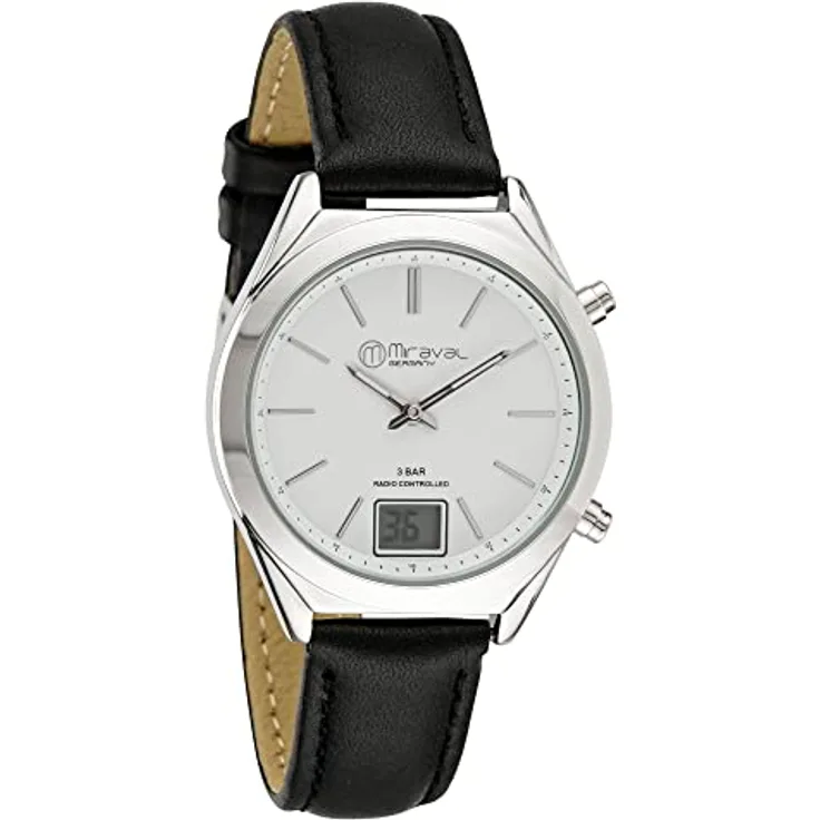 Miraval Funk-Armbanduhr 35 mm, Damen Funkuhr mit Lederarmband, japanisches Quarzuhrwerk, digitale & analoge Anzeige, Datumsanzeige, Funksignal DCF77