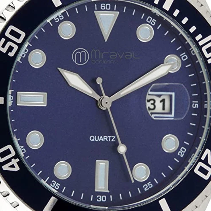 Miraval Herrenarmbanduhr mit Edelstahlarmband 43 mm Datumsanzeige Lupe Japanisches Quarzuhrwerk 21 mm breit Klassisch Modern Männer Schwarz (Blau) – Bild 2