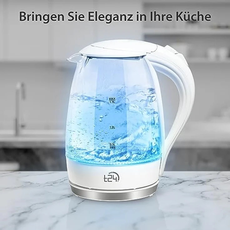 T24 Borosilikatglas Wasserkocher mit LED, 2200 Watt, 1,7 Liter, Trockenkoch- und Überhitzungsschutz, mit Filter, weiß – Bild 8