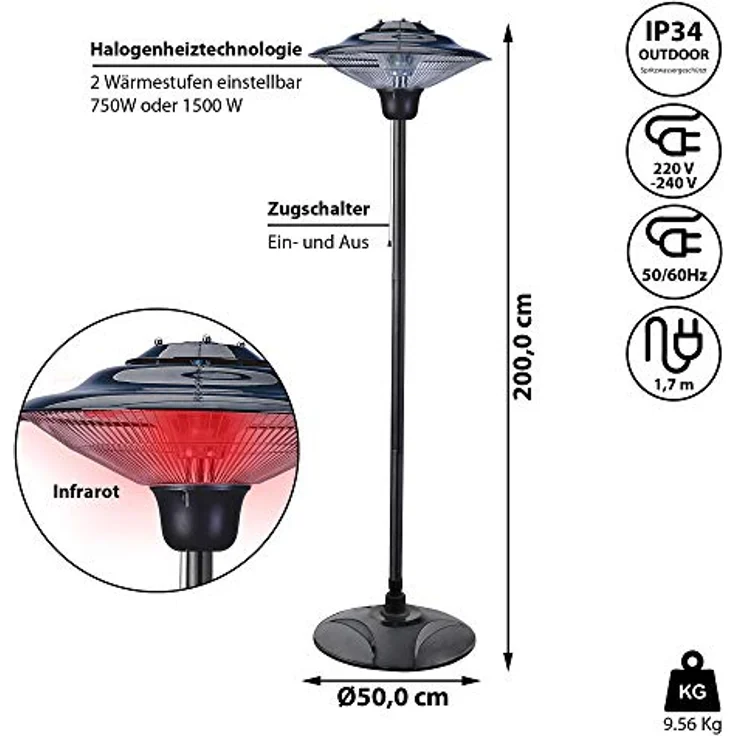 Elektro Terrassen Heizstrahler zum stellen oder hängen | 750-1500 Watt | Spritzwasserschutz (Heizpilz Standfuß Ø 50cm 2 Heizstufen) – Bild 2