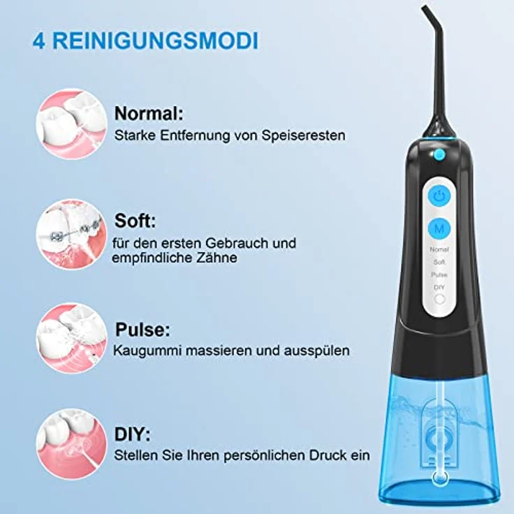 SURFOU Munddusche, Water Flosser IPX7 wasserdicht, 300ml Zahnzwischenraumreiniger, Munddusche kabellos USB wiederaufladbar mit 4 Modi und 5 Düsen für Reisen & Hause – Bild 4