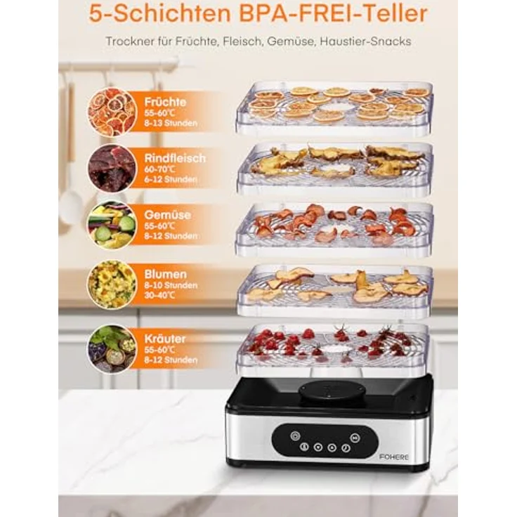 FOHERE Dörrautomat Edelstahl, Dörrgerät mit 5 höhenverstellbaren Tabletts, LED-Anzeige, 420W, 35-70°C, 48h-Timer, BPA-frei für Lebensmittel und Snacks – Bild 2