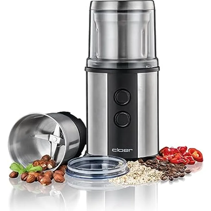 Cloer 7419 Elektrische Kaffee- und Gewürzmühle mit Edelstahl-Schlagmesser, 350W, 2 abnehmbare Edelstahlbehälter, für Pesto, Kräuter, Nüsse und Getreide, bis zu 80 g Kaffeebohnen, Aromaschutzdeckel