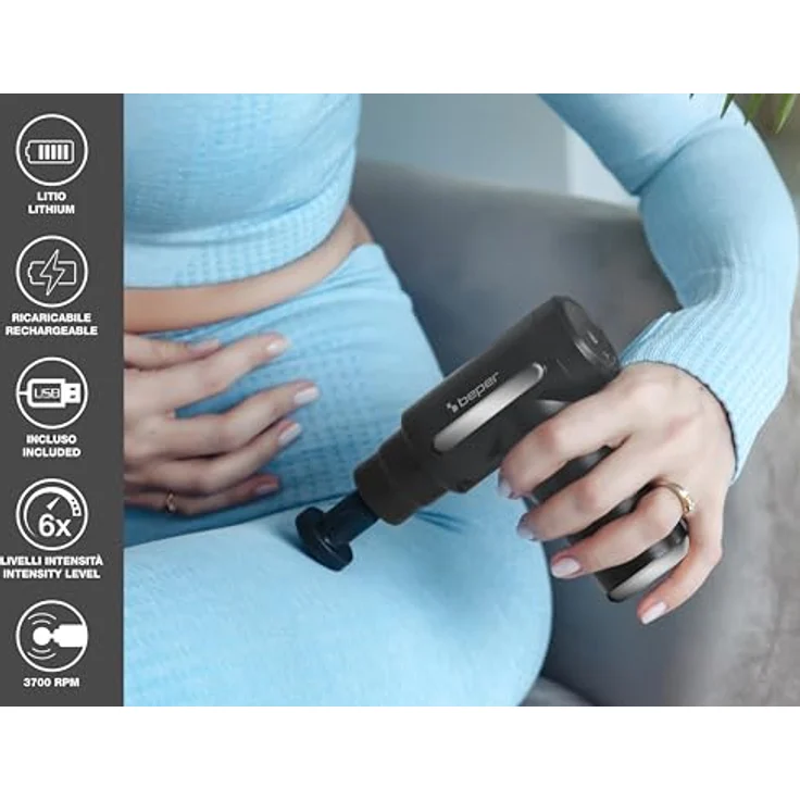 BEPER P302MAS002 Perkussionsmassagegerät, 30W, wiederaufladbare Massagepistole, 4 austauschbare Köpfe. 6 Intensitätsstufen, Schwarz – Bild 2