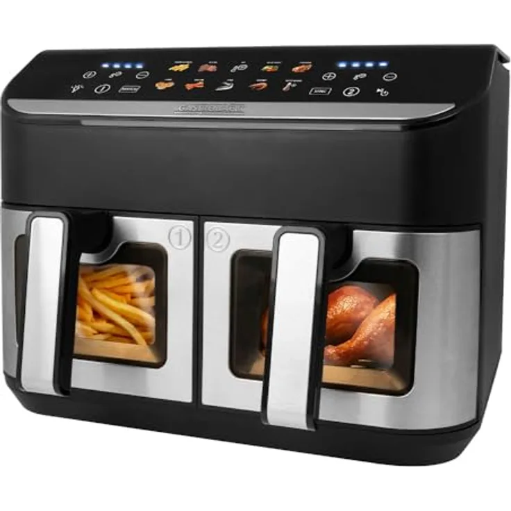 Gastroback Heißluftfritteuse 42586 Multi-Heißluftfritteuse Duo Family 9 L, 2900 W, Edelstahl, 10 Automatik-Programme, Touchscreen-Farbdisplay, Dual-Frittierkörbe