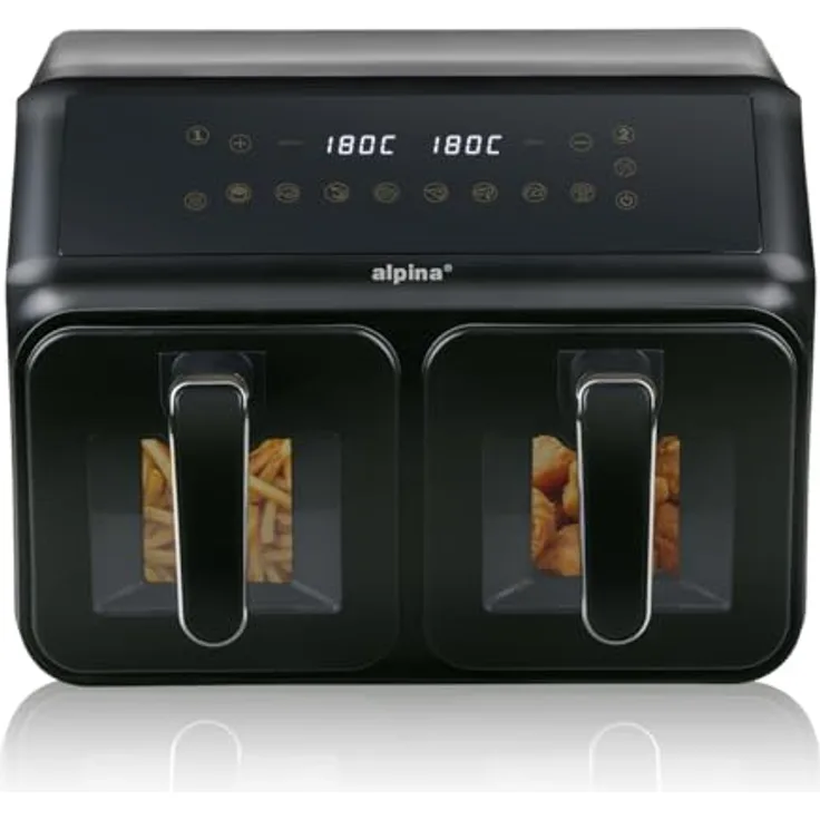 alpina Doppel-Heißluftfritteuse 871125227219, 2 Kammern 8L mit Digitaldisplay, 8 Kochprogrammen und Sichtfenstern, Schwarz
