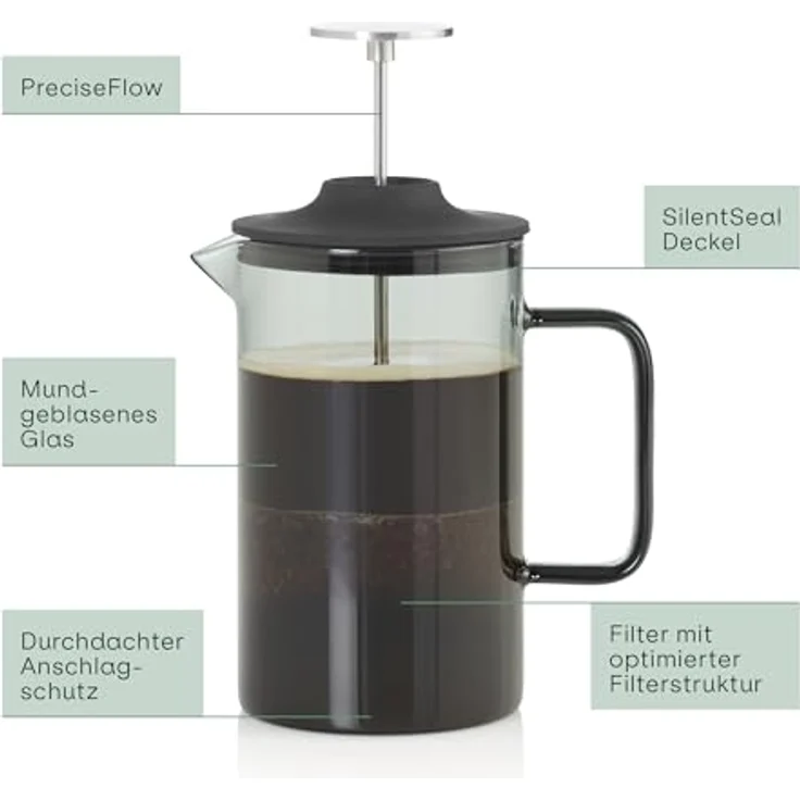 AdHoc French Press Kanne, 0,6l Kaffeekanne aus mundgeblasenem Borosilikatglas mit Edelstahlfilter und SilentSeal-Silikondeckel, grau – Bild 6