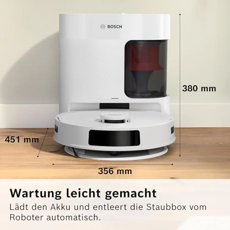 BOSCH Saugroboter Spotless + BCRD1W, Saug- und Wischroboter mit 11.000 Pa Saugkraft, beutellos, Infrarot Navigation, Carbon Bürste, Trocken-Servicestation – Bild 6