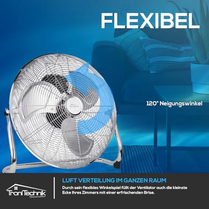 Tronitechnik® XL Windmaschine mit 45 cm Ø | Ventilator verstellbarer Winkel | Bodenventilator 3 Stufen | Ventilator leise aus Metall | Luftkühler | Standlüfter | Raumkühler – Bild 4