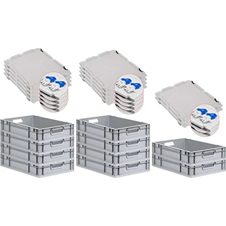 PROREGAL SuperSparSet Eurobox NextGen Grip, 10x transportable Boxen mit Scharnierdeckel und blauen Schiebeschnappverschlüssen, 23 L, grau, HxBxT 12x40x60 cm – Bild 1