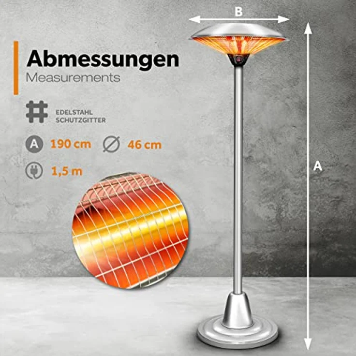 TRESKO Heizstrahler Infrarot Heizpilz, Wärmestrahler Terrasse elektrisch, 2500 W, Terrassenstrahler Innen & Außen, Standheizstrahler mit LED-Anzeige, Edelstahl/Silber – Bild 5
