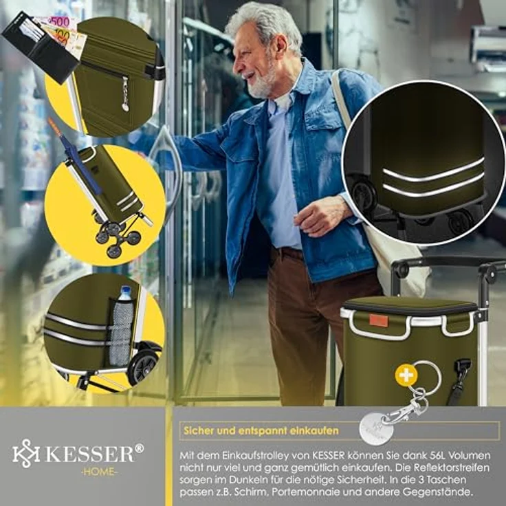 KESSER® Einkaufstrolley Treppensteiger mit Kühlfach, klappbar, 56L, belastbar bis 50kg, 3in1 Trolley Sackkarre & Umhängetasche, Khaki – Bild 5
