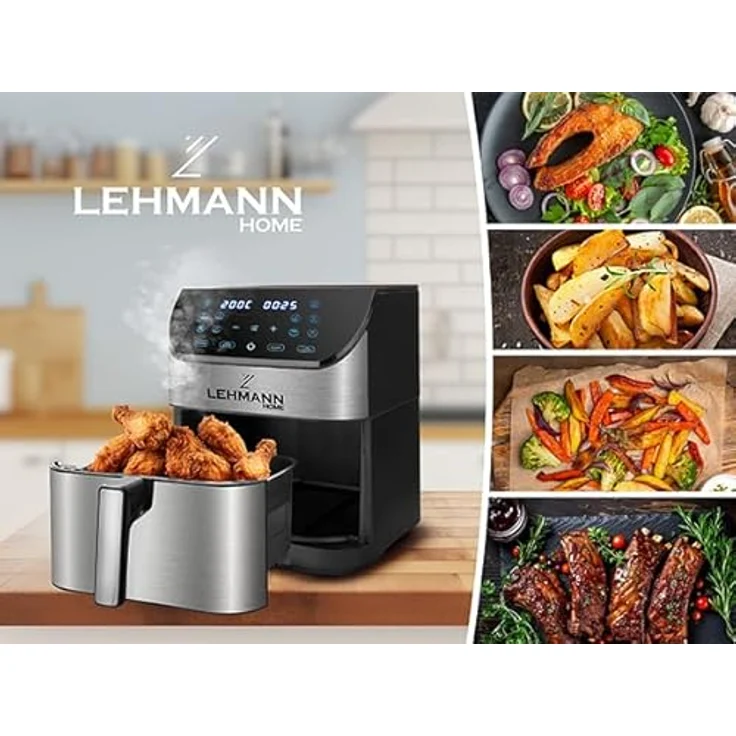 LEHMANN Friteuse Heissluft XXL 1800 W, Heißluftfritteuse 8L mit bis zu 10 Programmen, Air Fryer mit Digitalem LED-Touchscreen, Temperaturregelung 76-200°C, Timer, gesunde Lebensmittel ohne Öl, – Bild 3