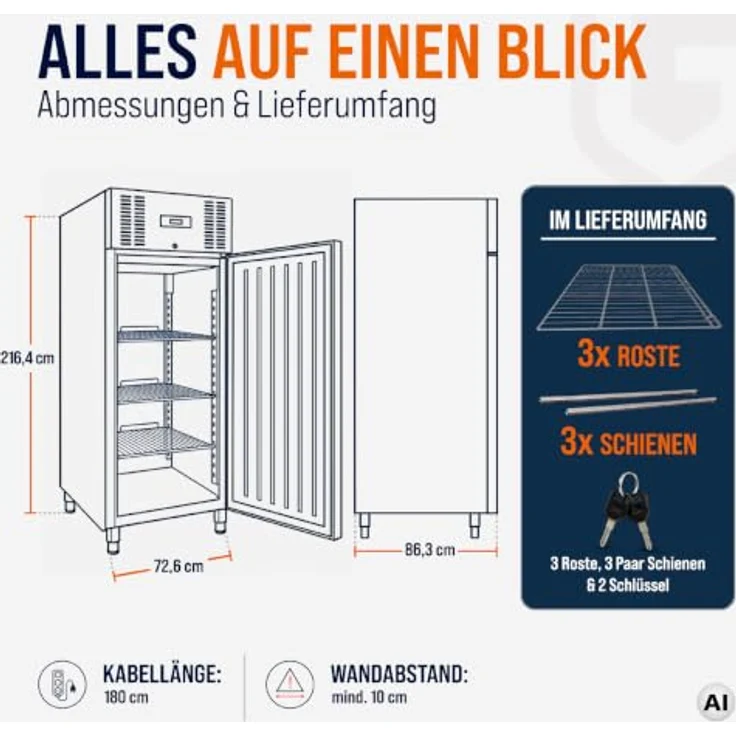 GastroHero Kühlschrank ECO 650 GN 2/1, 605 Liter Volumen, Edelstahl, abschließbar, 3 höhenverstellbare Böden, Touchscreen-Steuerung, Energieklasse A – Bild 5