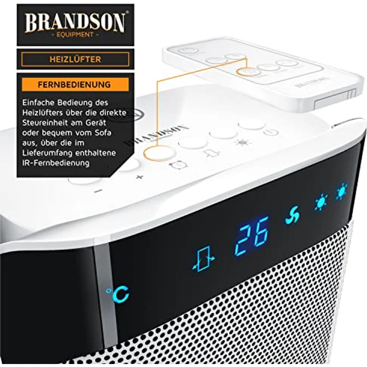 Brandson Heizlüfter mit Fernbedienung - Keramik-Heizlüfter Badezimmer energiesparend leise - Schnellheizer mit Oszillationsfunktion - 2x Heizstufen - Timer - Heizung Heater - GS-zertifiziert, Heizlüfter – Bild 3
