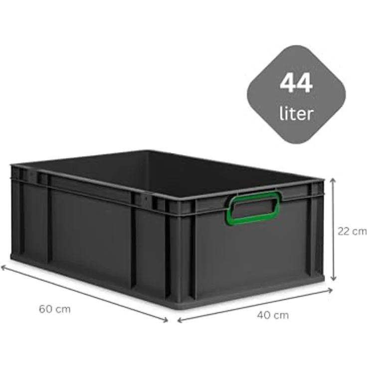 PROREGAL Eurobox NextGen Color SuperSparSet 4x, Transportbox schwarz mit Auflagedeckel & grünen Griffen, 44L, HxBxT 22x40x60cm – Bild 3