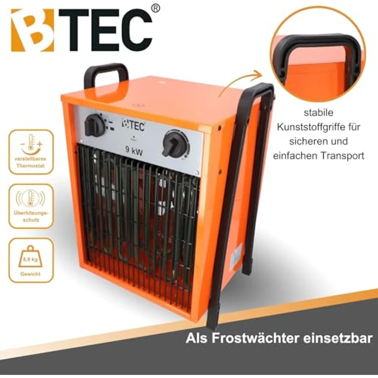 BTEC Heizlüfter 9000 Watt - Elektroheizer - Elektroheizung - 2 Heizstufen - Frostwächter - 9kW Heizer, Pulverbeschichtet – Bild 3