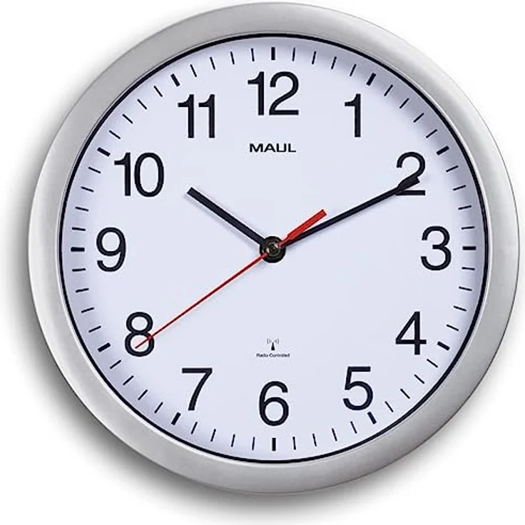 Maul Wanduhr MAULrun Ø 25 cm | stilvolle Funkuhr mit automatischer Zeiteinstellung | ideal für Wohnzimmer, Schlafzimmer, Küche, Arbeitszimmer und Büro | gut lesbar mit großen Ziffern | Silber – Bild 1