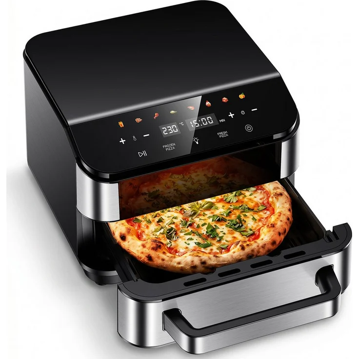 oyajia Heißluftfritteuse GSE049 2in1 Pizzaofen & Airfryer, 2800 W, 4L, 8 Garprogramme, 10 Zoll Steinplatte, Temperatur 40–230°C, mit Sichtfenster und Fettwanne