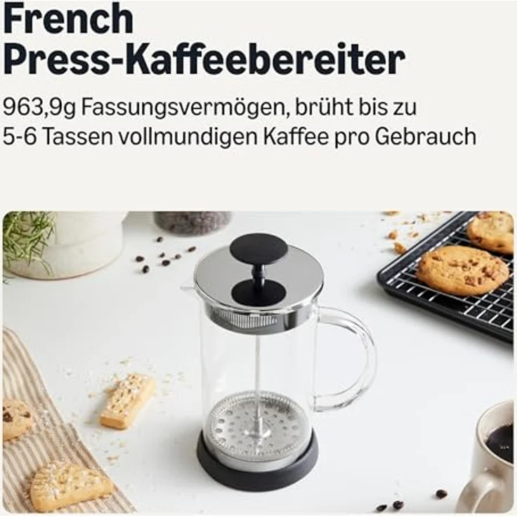 Amazon Basics French Press-Kaffeebereiter, 1 L, Borosilikatglas mit abnehmbaren spülmaschinenfesten Teilen, dreifaches Filtersystem – Bild 2