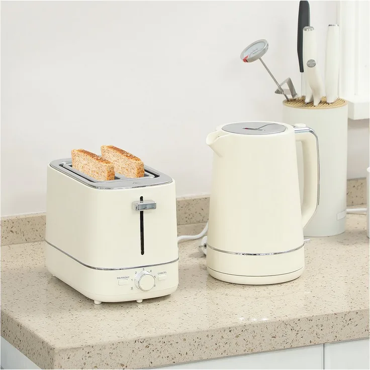 HOMCOM Toaster Set, Wasserkocher und Toaster mit 2 Schlitzen, 6 Bräunungsstufen, 2200 W, 1,7 L, beige + chrom