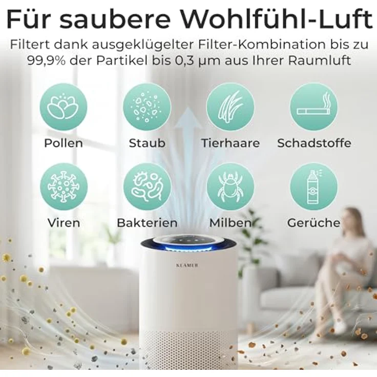 KLAMER Luftreiniger 600i, HEPA Filter mit 450 m³/h CADR, für Räume bis 55m², entfernt 99,9% Pollen, Staub, Viren und Allergene, 3 Modi inkl. Automatikmodus – Bild 4