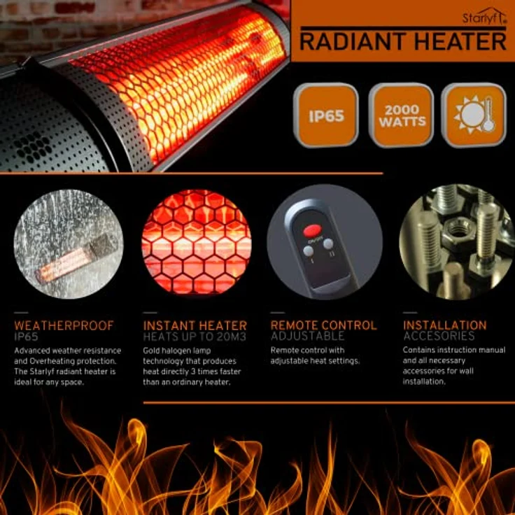 STARLYF Infrarot Heizstrahler Radiant Heater (IP65), 2000W, Halogen-Infrarotheizung, Fernbedienung, Infrarot-Heizstrahler (schwarz) – Bild 2