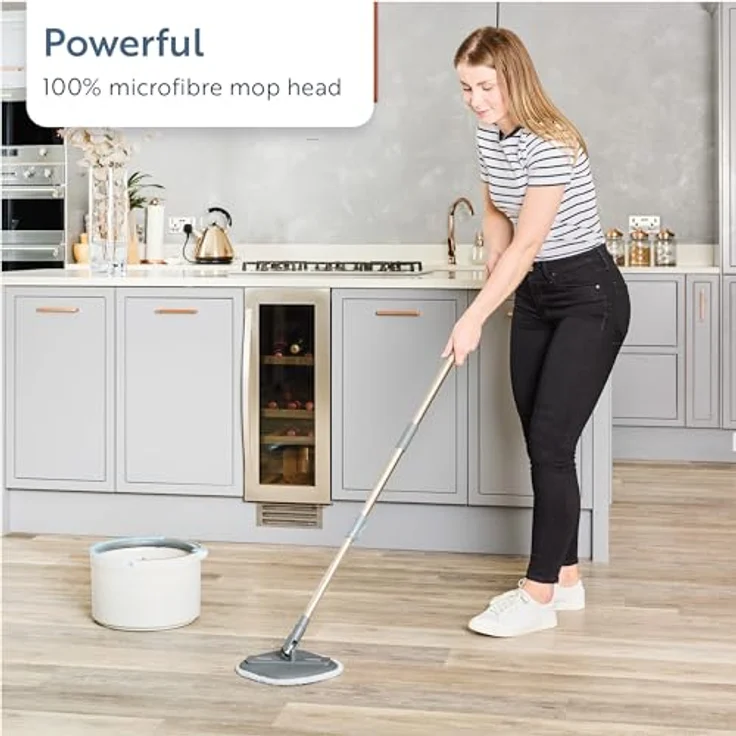 Minky Opti-Clean Spin Mop, 360° Spin & Rinse & Wringing System, Wiederverwendbares Leistungsstarkes Mikrofaser-Klettpolster, Dual-Hohlraum 2L Eimer mit stabilem Griff, Hellgrauer Eimer – Bild 5