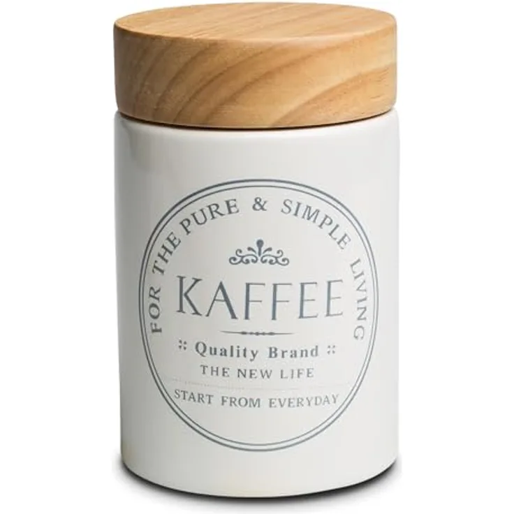 KHG Kaffeedose luftdicht, Vorratsdose für 250g Kaffeebohnen / 300-400g Kaffeepulver, Keramik Weiß mit Holzdeckel, glänzend glasiert, rund, beschriftet