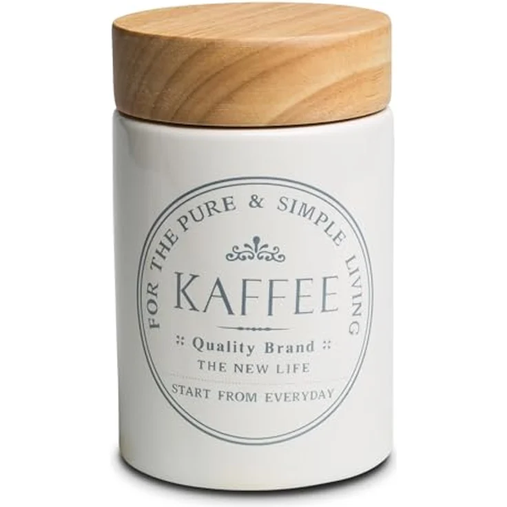 KHG Kaffeedose luftdicht, Vorratsdose für 250g Kaffeebohnen / 300-400g Kaffeepulver, Keramik Weiß mit Holzdeckel, glänzend glasiert, rund, beschriftet – Bild 1