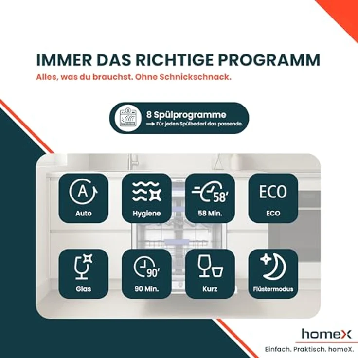 homeX DWFI601442A Geschirrspüler 60 cm, vollintegrierbar, 14 Maßgedecke, 8 Programme, leise mit 42 dB, Energieeffizienzklasse A – Bild 8