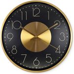 K&L Wall Art Goldene Funkuhr Elegante Wanduhr ohne Tickgeräusche Metallic Funkwanduhr Feng Shui Deko Schwarz Gold, Ø 30cm