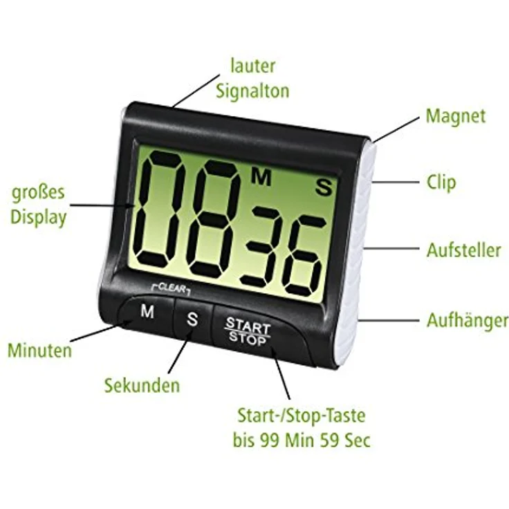 Xavax Digitaler Küchentimer mit Timer- und Stopp-Uhr-Funktion (Befestigung via Magnet, Clip, Hänger oder Aufsteller) batteriebetrieben, schwarz – Bild 2