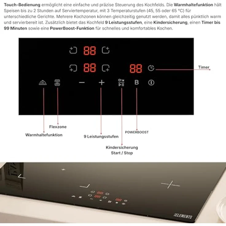 KB Elements 4-Zonen Induktions-Kochfeld mit Flexzone, Warmhaltefunktion und PowerBoost, Schwarz – Bild 4