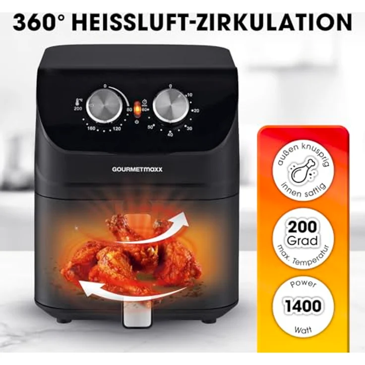 GOURMETmaxx Heißluftfritteuse 4 L | Airfryer mit Timerfunktion & Edelstahl Heizelement | geruchsarm, energiesparend & nahezu ohne Öl | 1400 W – Bild 2