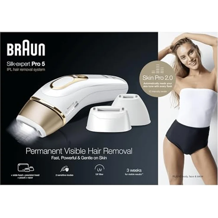 Braun IPL Silk-Expert Pro 5 PL5242 Haarentfernung für Zuhause, Weiß/Gold, Alternative zur Laser-Haarentfernung, mit Etui, Venus-Rasiersystem, 3 Köpfe, Geschenk für Frauen – Bild 2