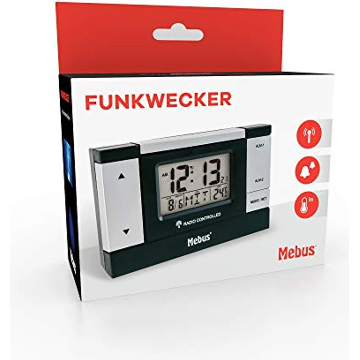 Mebus Wecker 51059, digitaler Funkwecker mit 2-zeiliger LCD-Anzeige, Weckwiederholung und Kalenderfunktion – Bild 3