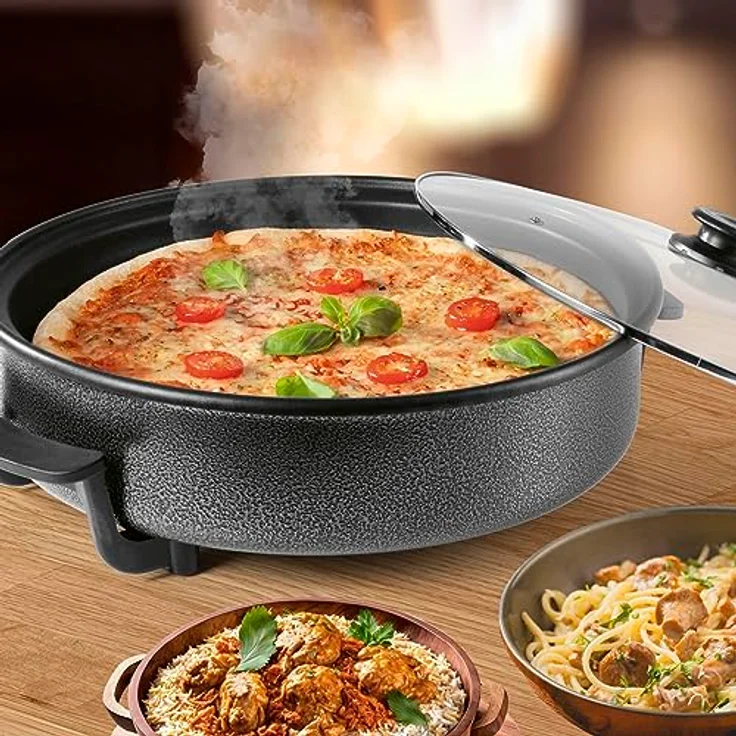 GOURMETmaxx Elektrische Multifunktionspfanne ⌀ 40cm | Hot Pot mit Thermostat, Glasdeckel & Antihaftbeschichtung | XXL Volumen - optimal als Paellapfanne, Schmorpfanne & Wok | 1500W [Schwarz] – Bild 3