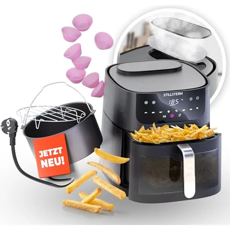 Stillstern Heißluftfritteuse 8L XXL – Dampffunktion, Sichtfenster, 1800W, 8 Programme, 3 Funktionen, 120-Min-Timer, Shake-Funktion, 120 Rezepte [Deutsch] – Fritteuse ohne Öl für knusprige Ergebnisse, silber