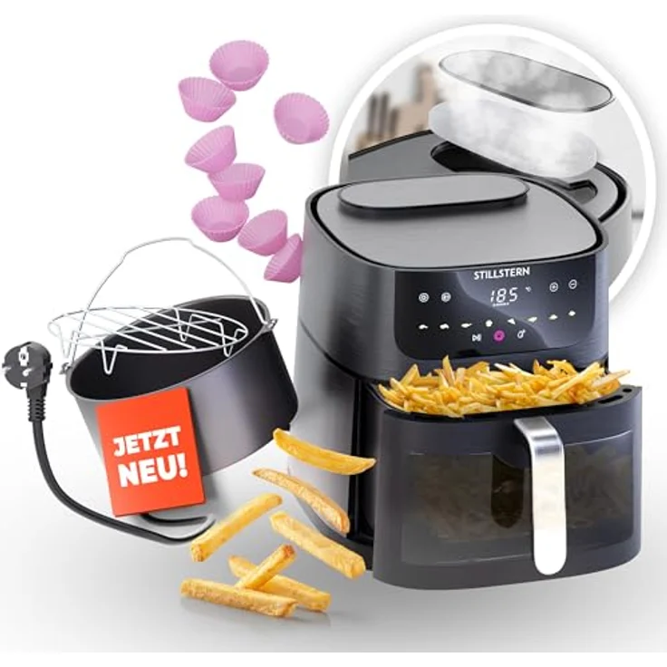 Stillstern Heißluftfritteuse 8L XXL – Dampffunktion, Sichtfenster, 1800W, 8 Programme, 3 Funktionen, 120-Min-Timer, Shake-Funktion, 120 Rezepte [Deutsch] – Fritteuse ohne Öl für knusprige Ergebnisse, silber – Bild 1